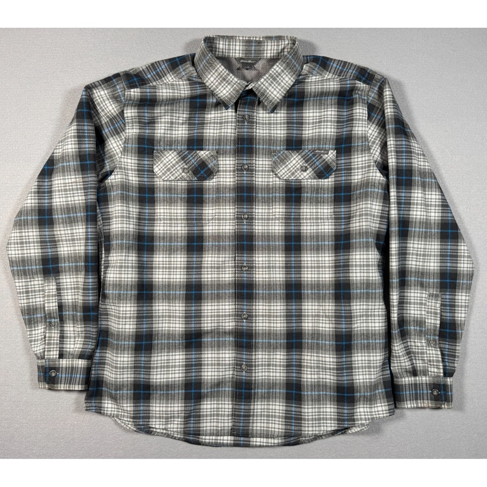 Eddie Bauer Men's Checkered Plaid Button Up Shirt - Size XL - Gray Blue - Poly